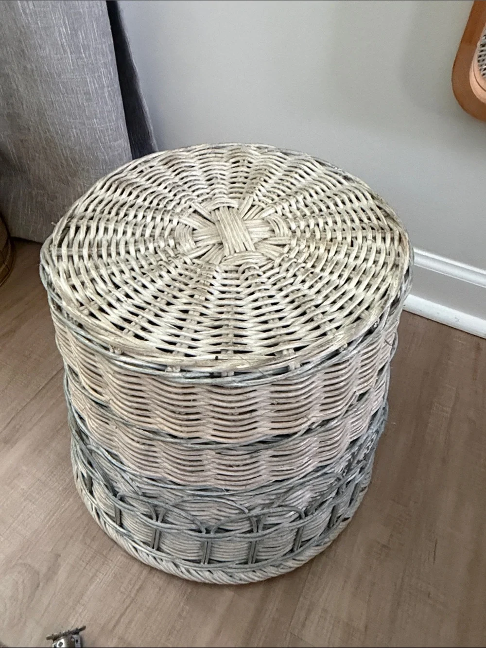 Vintage Woven Decorative Basket - Natural Light Gray Blue Planter Wastebasket